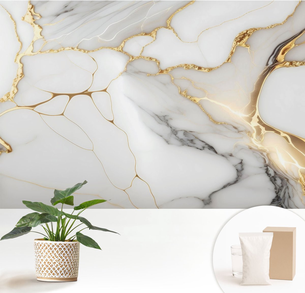 Wallfluent Fotobehang - Wit Vliesbehang - 152x104 cm - Marmeren Elegantie Muurschildering - Slaapkamer behang Teksten - Fotobehang Vlies - Slaapkamer behang