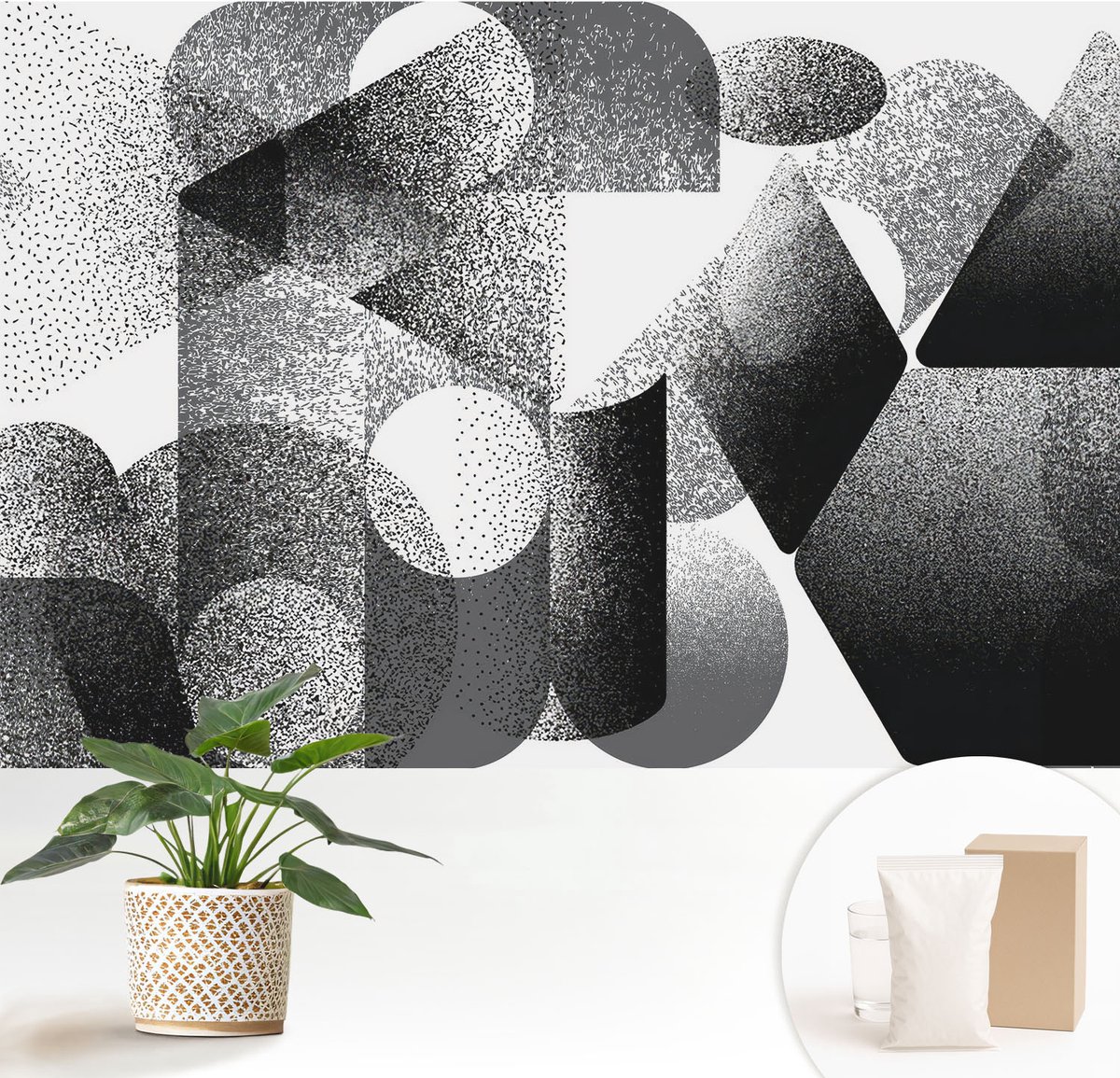 Wallfluent Fotobehang - Zwart-Wit Vliesbehang - 152x104 cm - Geometrische Vormen Fotobehang Vlies - Hal behang Abstractie - Muurschildering - Woonkamer behang