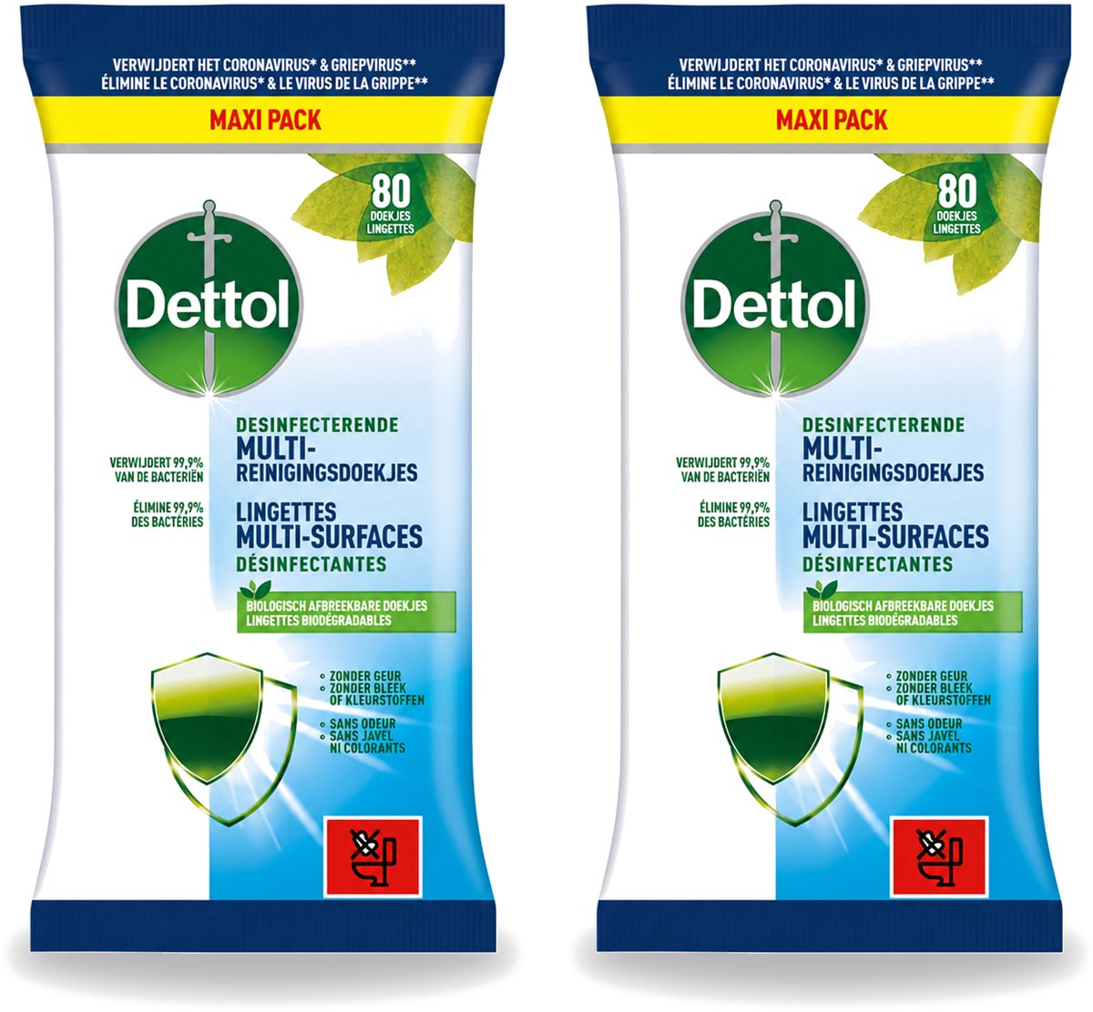 2 x Dettol - Multi-Reinigingsdoekjes - Desinfecterend - Zonder Bleek & Geurstoffen - Biologisch Afbreekbaar - 80 Doekjes - Bulkverpakking - 2 stuks