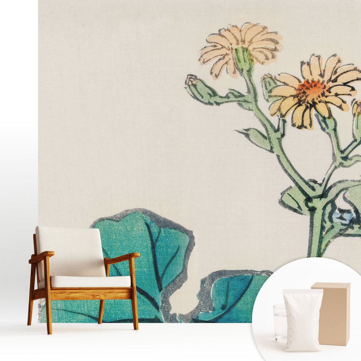 Wallfluent Fotobehang - Wit Vliesbehang - 250x250 cm - Bloem En Bladeren Fotobehang Vlies - Woonkamer behang Bloemen En Planten - Muurschildering - Woonkamer behang