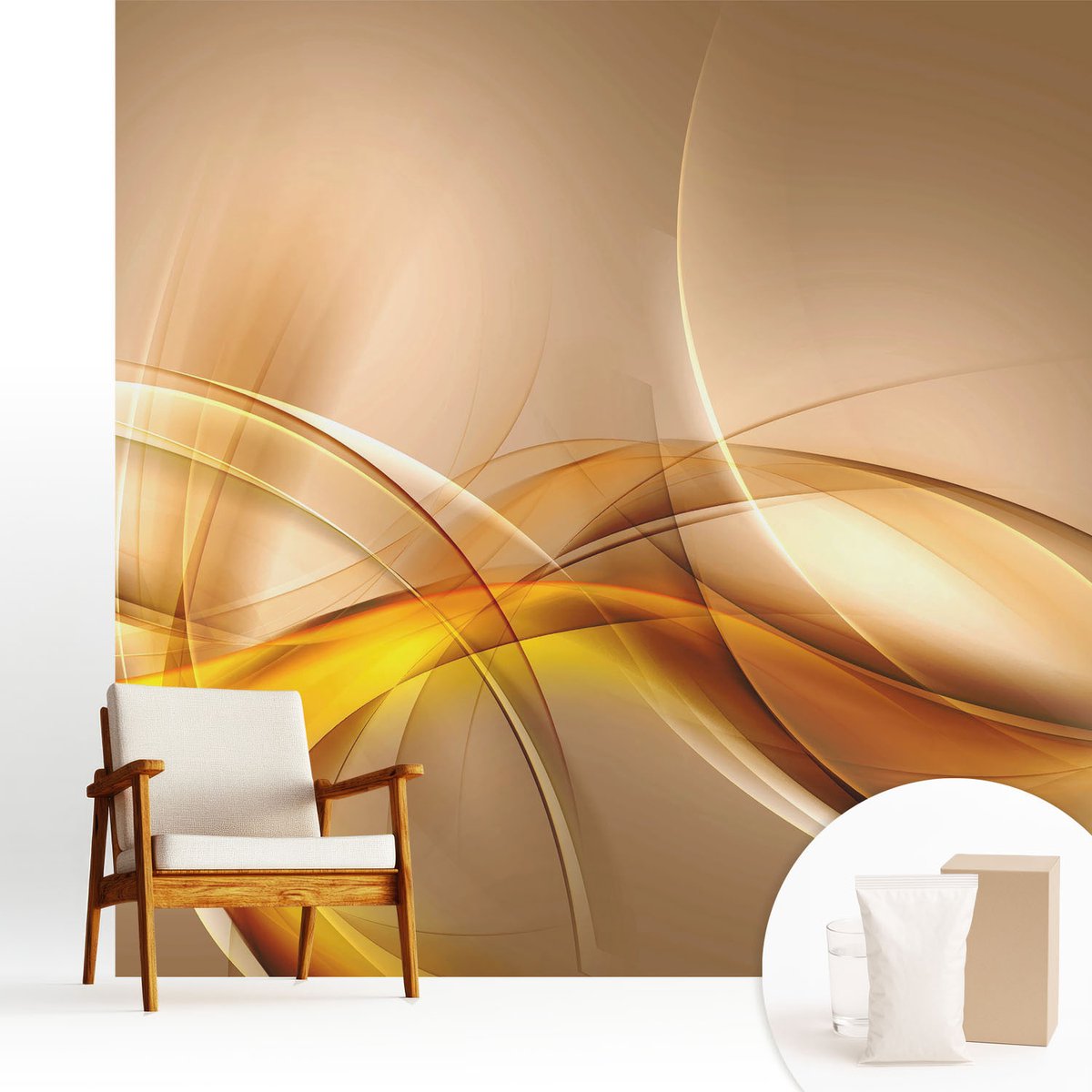 Wallfluent Fotobehang - Beige Vliesbehang - 250x250 cm - Zachte Lijnen Muurschildering - Gang behang Abstractie - Fotobehang Vlies - Slaapkamer behang