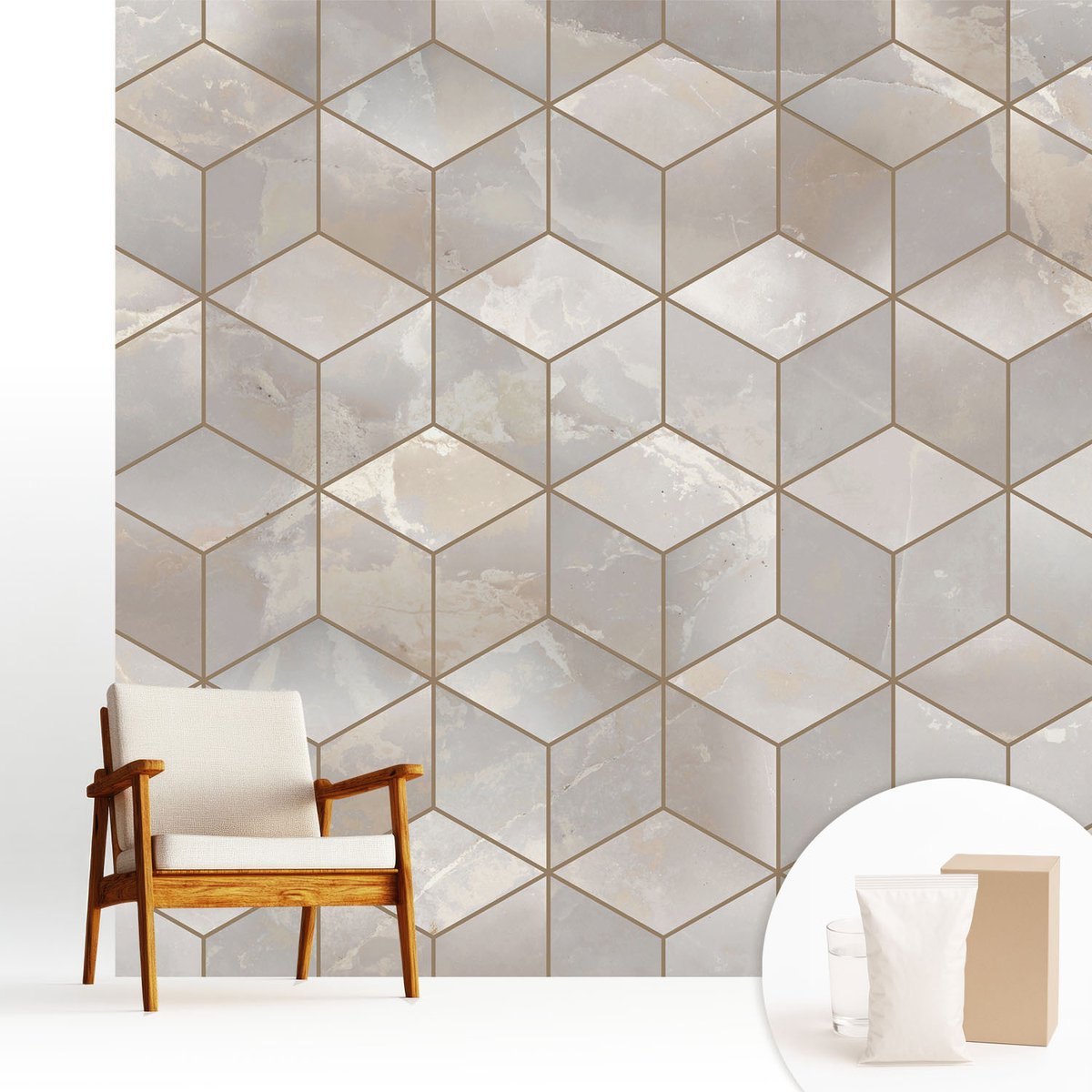 Wallfluent Fotobehang - Grijs Vliesbehang - 250x250 cm - Geometrische Mozaïek Fotobehang Vlies - Hal behang Geometrie - Muurschildering - Woonkamer behang