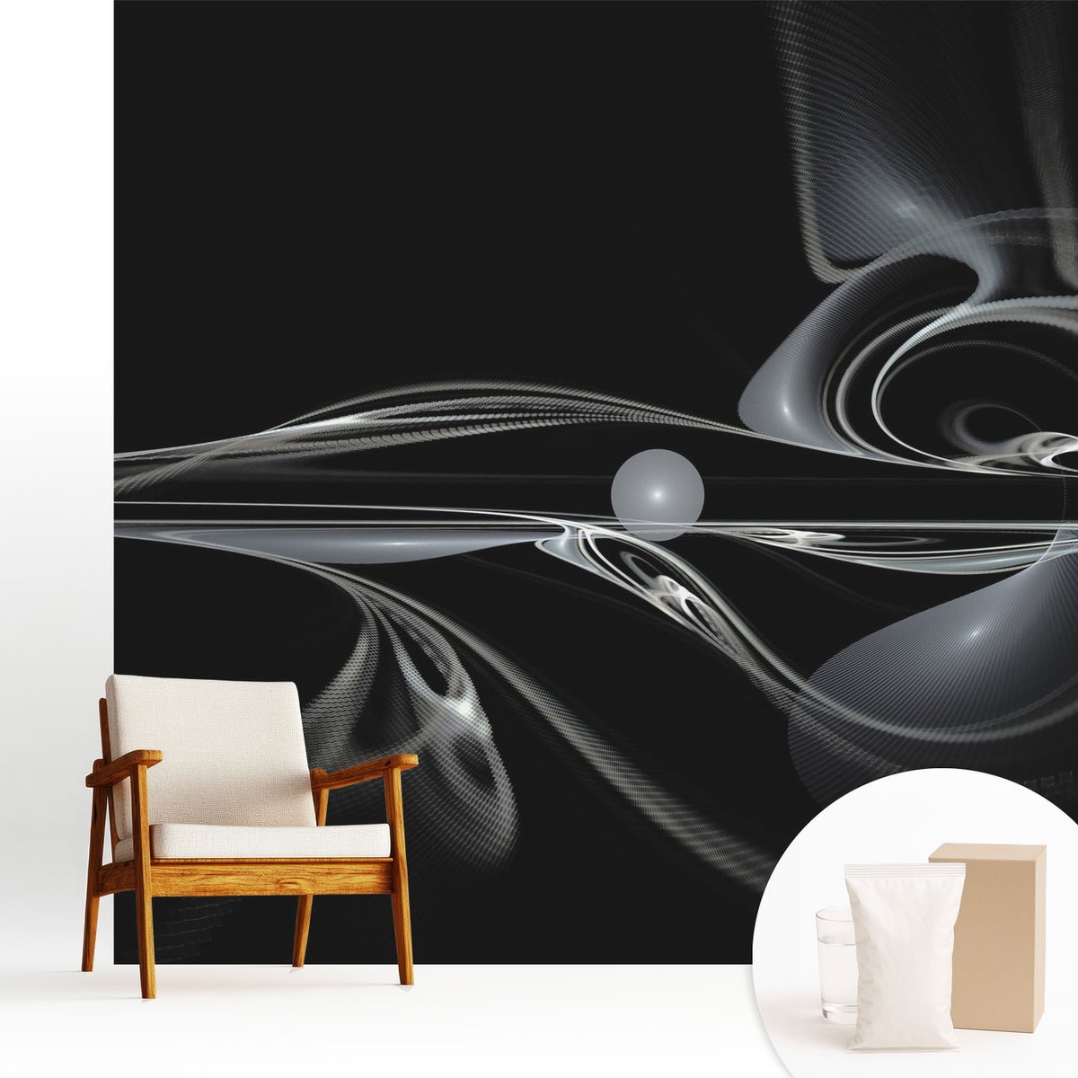 Wallfluent Fotobehang - Zwart Vliesbehang - 250x250 cm - Vloeistofleidingen Muurschildering - Gang behang Abstractie - Fotobehang Vlies - Gang behang