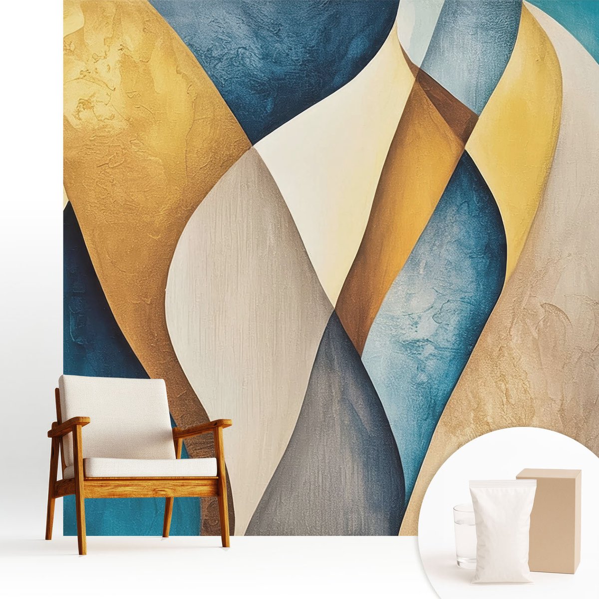 Wallfluent Fotobehang - Blauw Vliesbehang - 250x250 cm - Golvende Abstractie Muurschildering - Gang behang Abstractie - Fotobehang Vlies - Gang behang