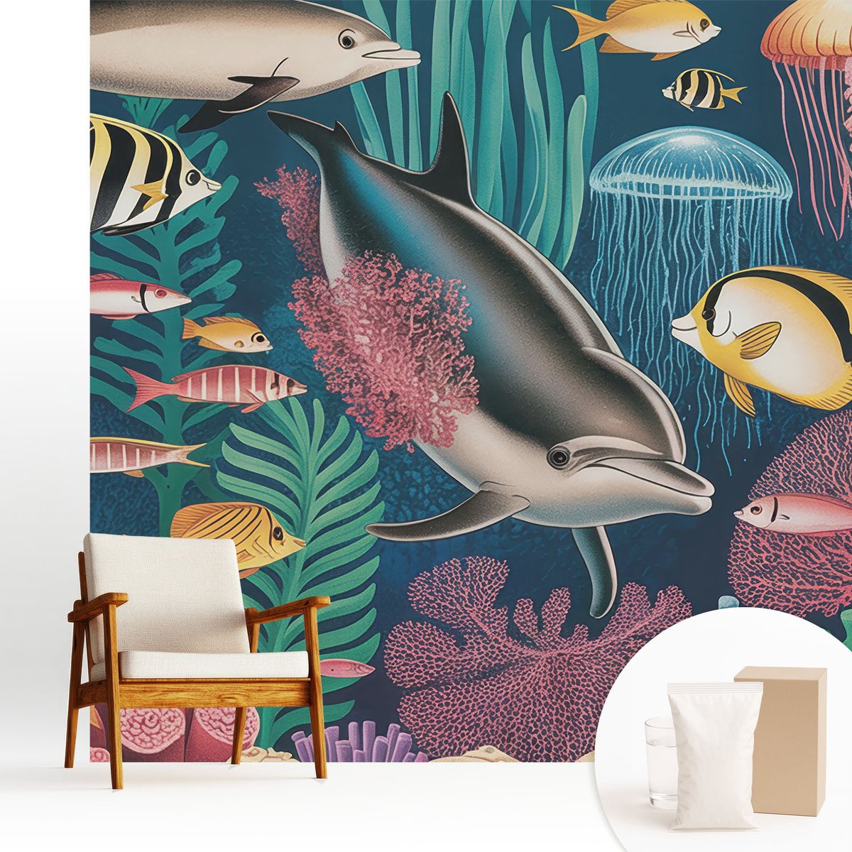 Wallfluent Fotobehang - Marine Vliesbehang - 250x250 cm - Onderwaterfauna Muurschildering - Gang behang Dieren - Fotobehang Vlies - Slaapkamer behang
