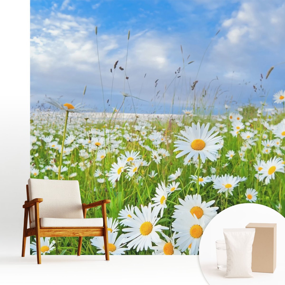 Wallfluent Fotobehang - Wit Vliesbehang - 250x250 cm - Zomerweide Muurschildering - Gang behang Bloemen En Planten - Fotobehang Vlies - Slaapkamer behang