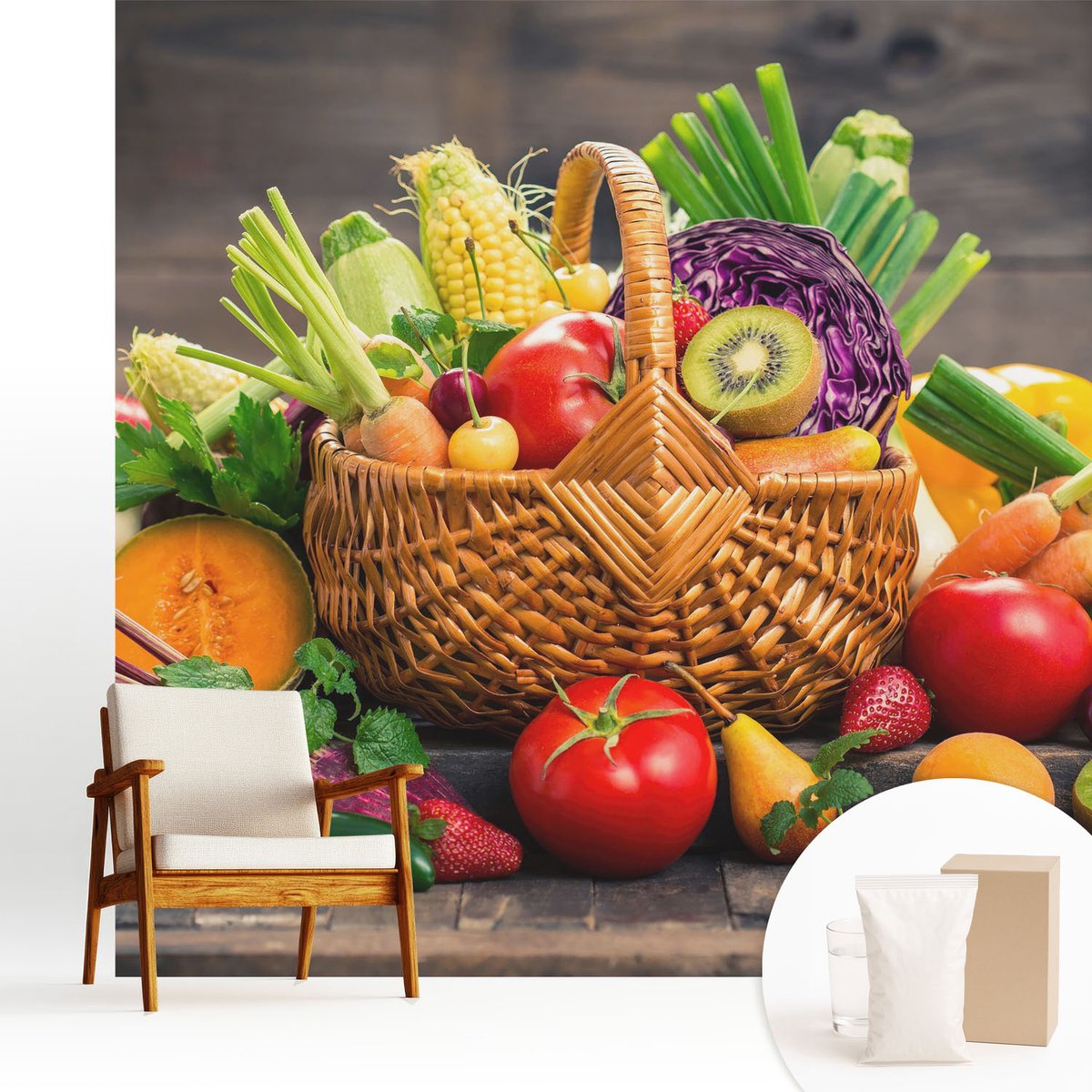 Wallfluent Fotobehang - Groente Vliesbehang - 250x250 cm - Fruitige Rijkdom Muurschildering - Gang behang Voedsel - Fotobehang Vlies - Slaapkamer behang