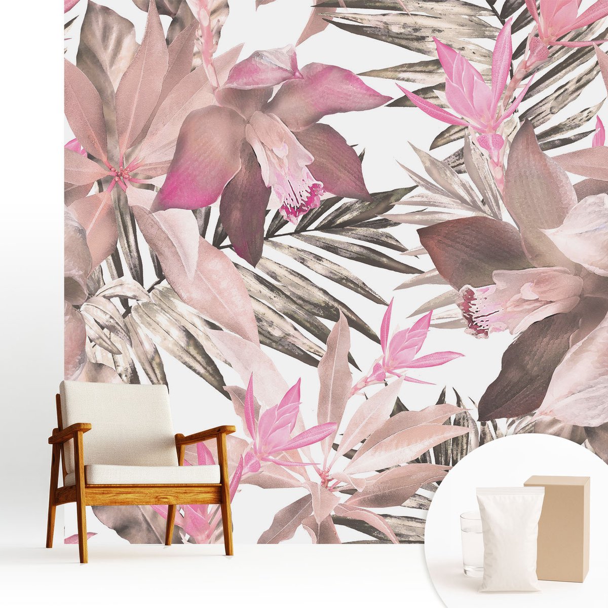 Wallfluent Fotobehang - Bruin Vliesbehang - 250x250 cm - Exotische Bloemen Muurschildering - Slaapkamer behang Bloemen En Planten - Fotobehang Vlies - Gang behang