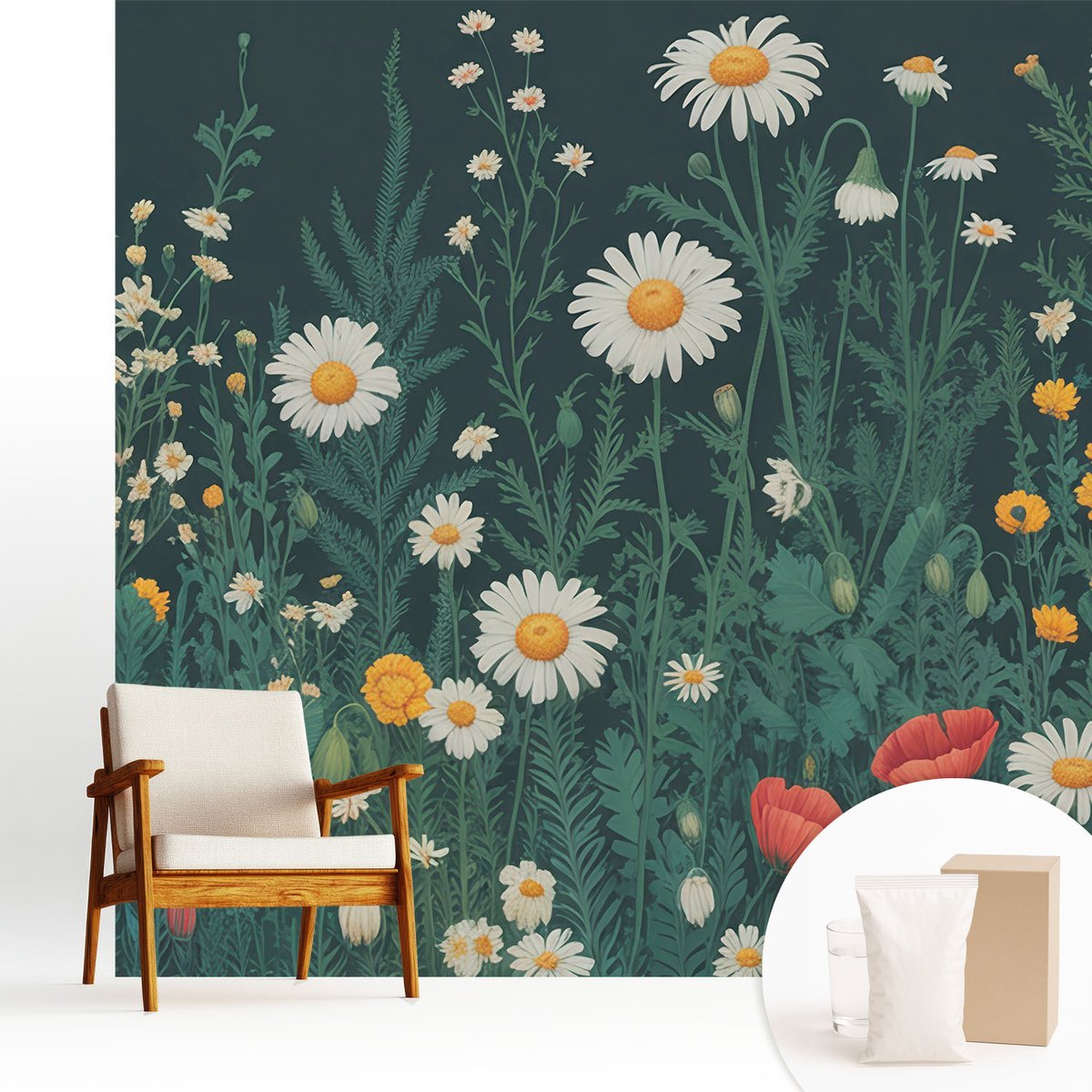 Wallfluent Fotobehang - Groente Vliesbehang - 250x250 cm - Wilde Bloemen Fotobehang Vlies - Hal behang Bloemen En Planten - Muurschildering - Woonkamer behang