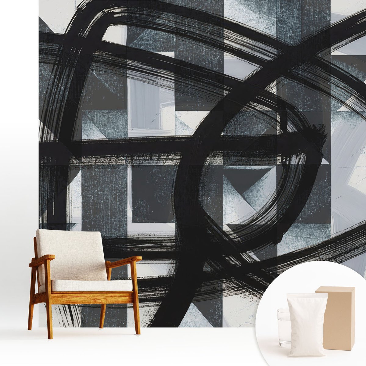 Wallfluent Fotobehang - Zwart Vliesbehang - 250x250 cm - Expressieve Geometrie Muurschildering - Gang behang Abstractie - Fotobehang Vlies - Gang behang