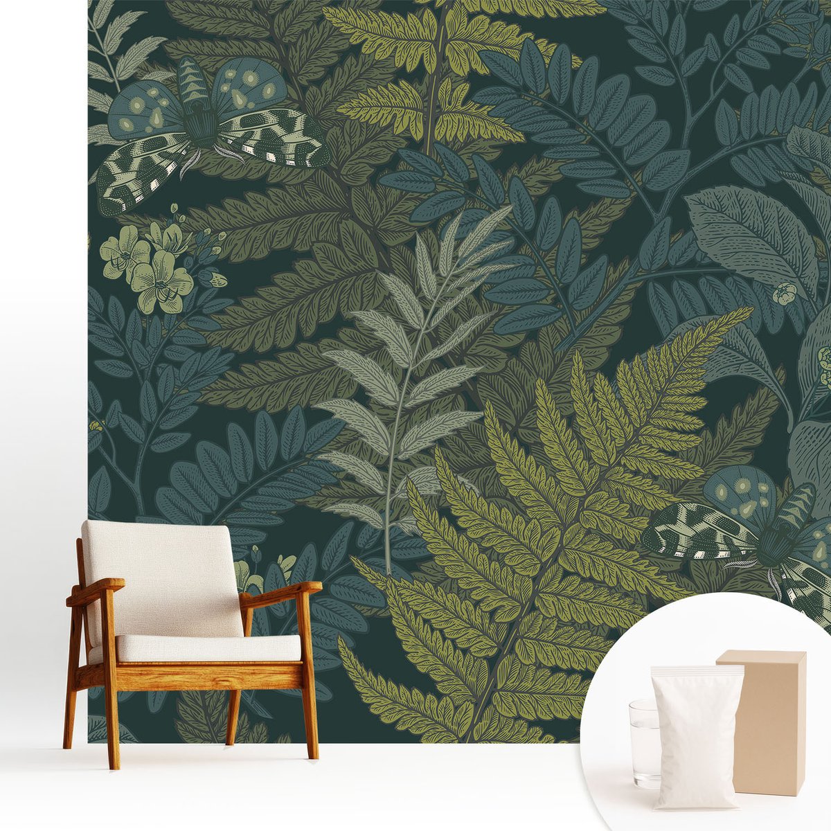 Wallfluent Fotobehang - Groente Vliesbehang - 250x250 cm - Groene Elegantie Fotobehang Vlies - Woonkamer behang Bloemen En Planten - Muurschildering - Hal behang