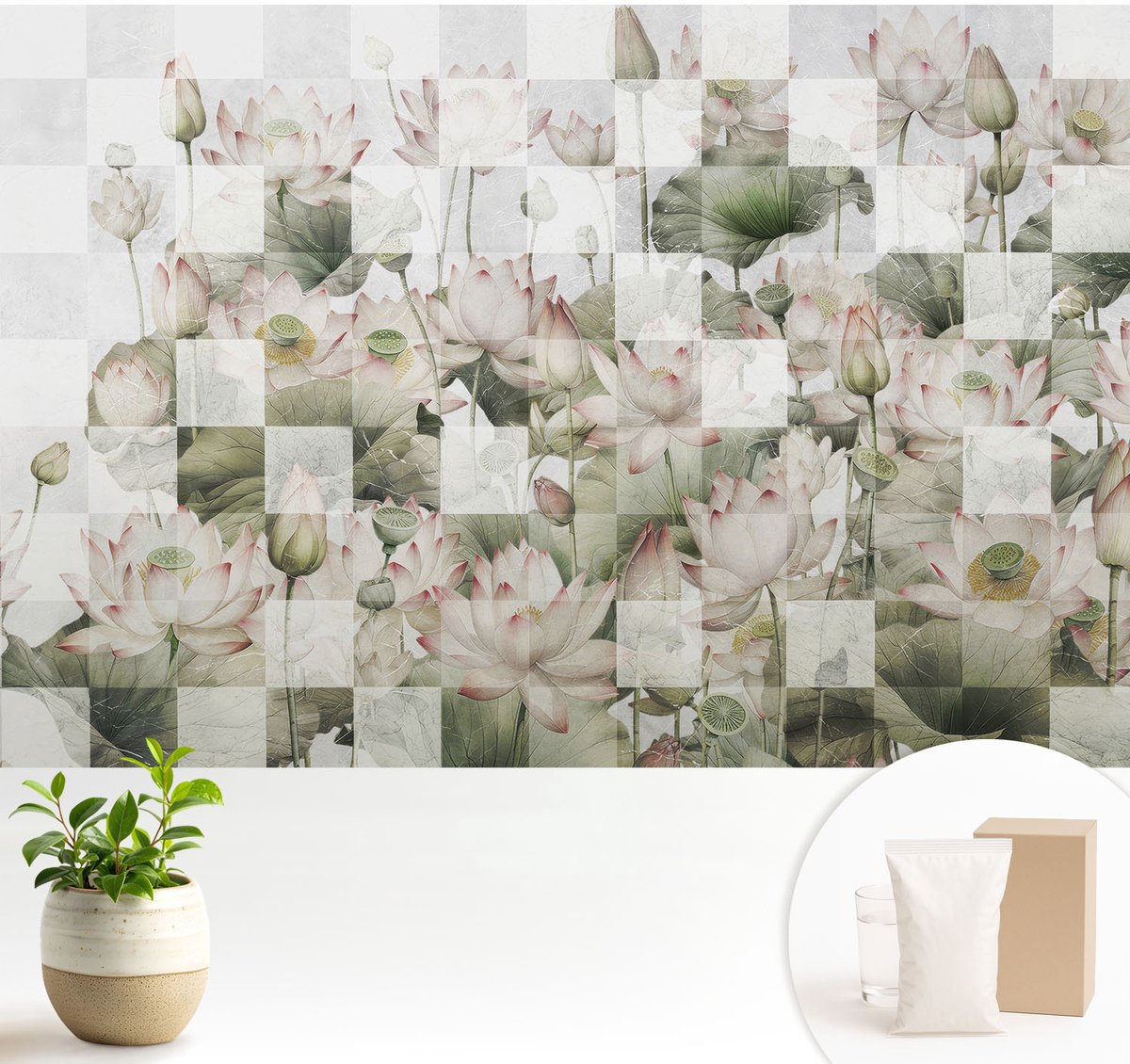 Wallfluent Fotobehang - Wit Vliesbehang - 104x70 cm - Lotuspatronen Fotobehang Vlies - Hal behang Bloemen En Planten - Muurschildering - Woonkamer behang
