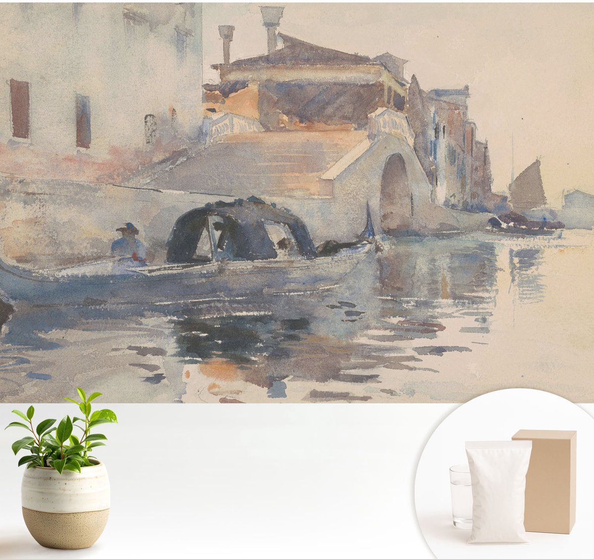 Wallfluent Fotobehang - Beige Vliesbehang - 104x70 cm - Venetiaanse Harmonie Fotobehang Vlies - Hal behang Landschappen - Muurschildering - Woonkamer behang