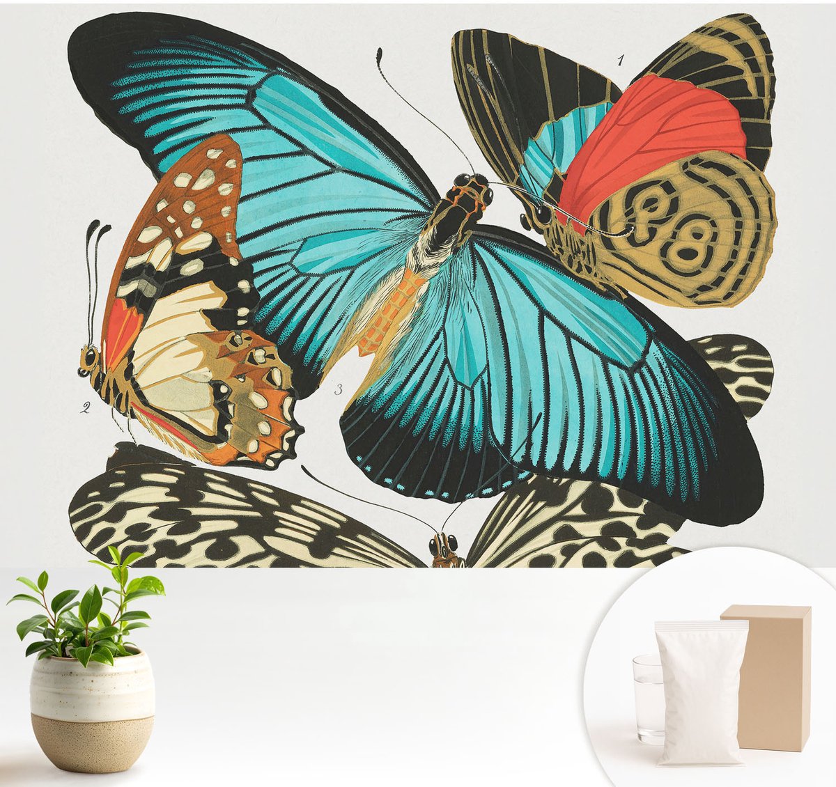 Wallfluent Fotobehang - Turkoois Vliesbehang - 104x70 cm - Kleurrijke Vlinders Muurschildering - Gang behang Dieren - Fotobehang Vlies - Gang behang