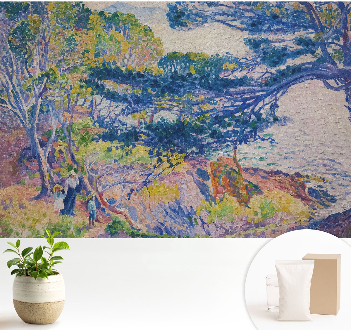 Wallfluent Fotobehang - Blauw Vliesbehang - 104x70 cm - Impressionistisch Landschap Fotobehang Vlies - Hal behang Landschappen - Muurschildering - Woonkamer behang