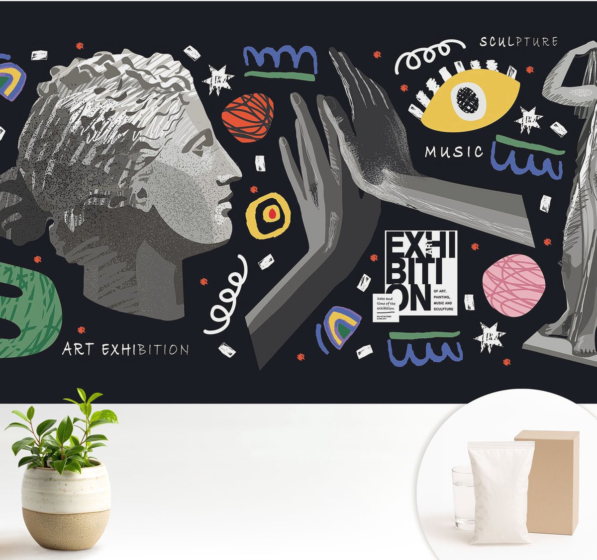 Wallfluent Fotobehang - Zwart Vliesbehang - 104x70 cm - Een Kleurrijke Tentoonstelling Muurschildering - Slaapkamer behang Deel - Fotobehang Vlies - Slaapkamer behang