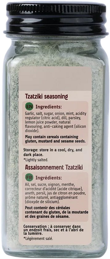 Achterkant van het potje Tzatziki kruidenmix met ingrediëntenlijst in het Engels en Frans.