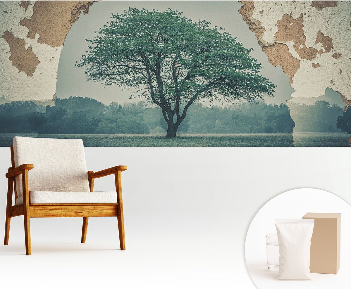 Wallfluent Fotobehang - Grijs Vliesbehang - 250x104 cm - Een Eenzame Boom Muurschildering - Gang behang Landschappen - Fotobehang Vlies - Slaapkamer behang