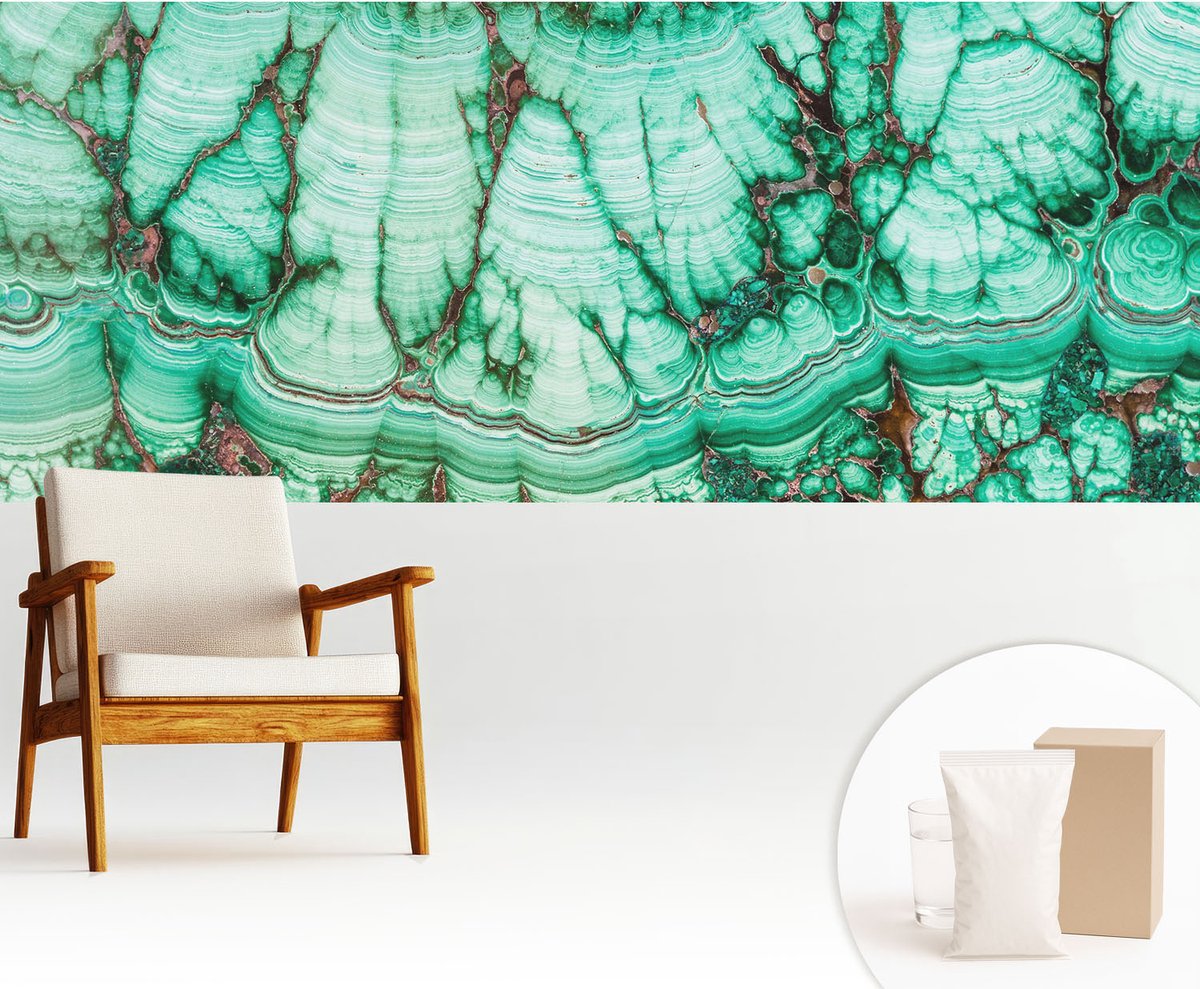 Wallfluent Fotobehang - Turkoois Vliesbehang - 250x104 cm - Groene Patronen Muurschildering - Slaapkamer behang Teksten - Fotobehang Vlies - Slaapkamer behang