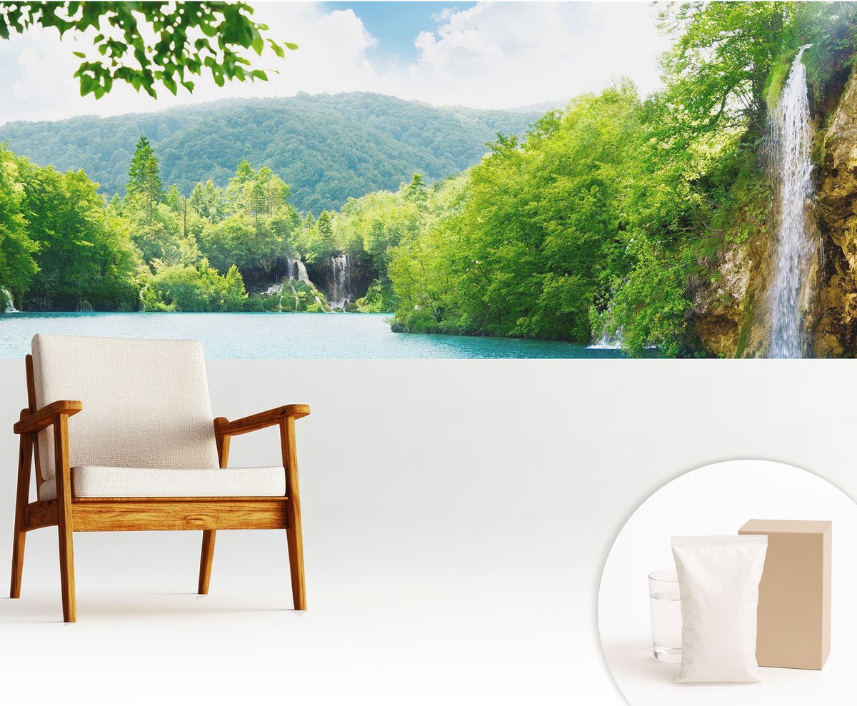 Wallfluent Fotobehang - Groente Vliesbehang - 250x104 cm - Natuurlijke Waterval Muurschildering - Slaapkamer behang Landschappen - Fotobehang Vlies - Slaapkamer behang