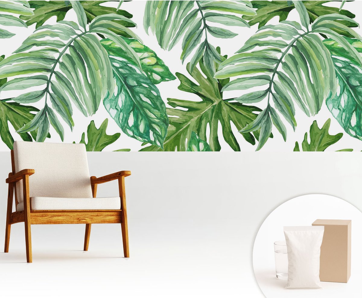 Wallfluent Fotobehang - Groente Vliesbehang - 250x104 cm - Exotische Bladeren Fotobehang Vlies - Hal behang Bloemen En Planten - Muurschildering - Woonkamer behang