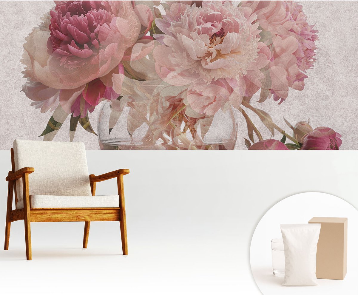 Wallfluent Fotobehang - Roze Vliesbehang - 250x104 cm - Pioenroos Charme Fotobehang Vlies - Woonkamer behang Bloemen En Planten - Muurschildering - Woonkamer behang