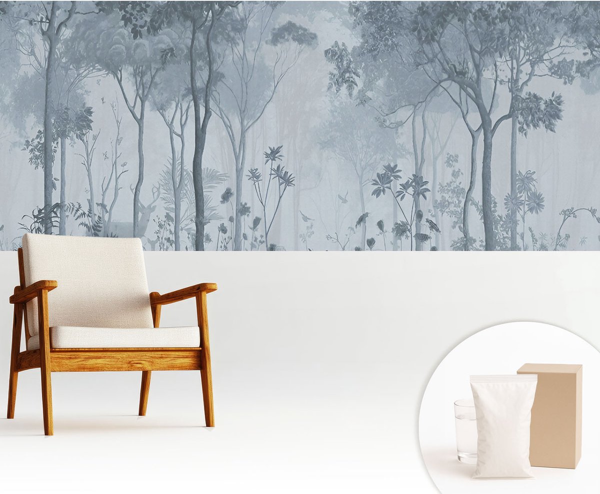 Wallfluent Fotobehang - Grijs Vliesbehang - 250x104 cm - Mystiek Van Het Bos Muurschildering - Slaapkamer behang Bloemen En Planten - Fotobehang Vlies - Slaapkamer behang