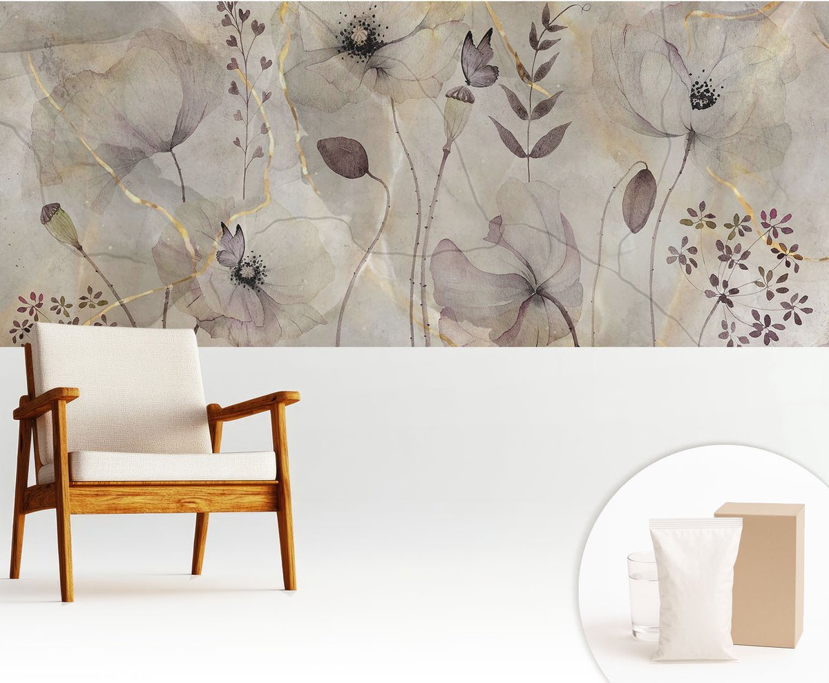 Wallfluent Fotobehang - Grijs Vliesbehang - 250x104 cm - Tere Bloemen Muurschildering - Gang behang Bloemen En Planten - Fotobehang Vlies - Gang behang