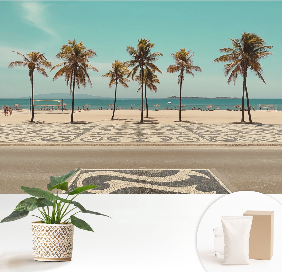 Wallfluent Fotobehang - Turkoois Vliesbehang - 152x104 cm - Palmbomenstrand Fotobehang Vlies - Hal behang Landschappen - Muurschildering - Hal behang