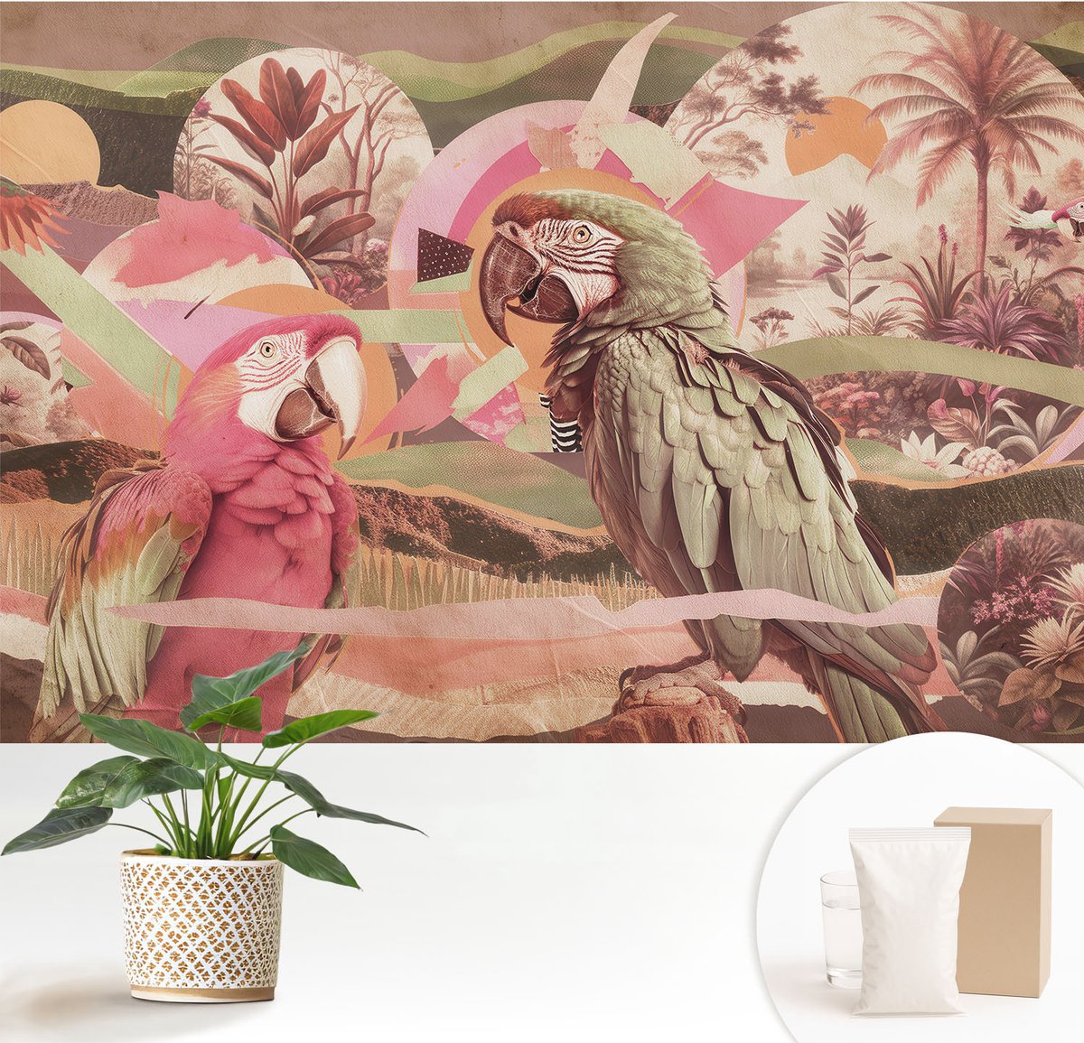 Wallfluent Fotobehang - Roze Vliesbehang - 152x104 cm - Tropische Vogels Fotobehang Vlies - Hal behang Dieren - Muurschildering - Woonkamer behang