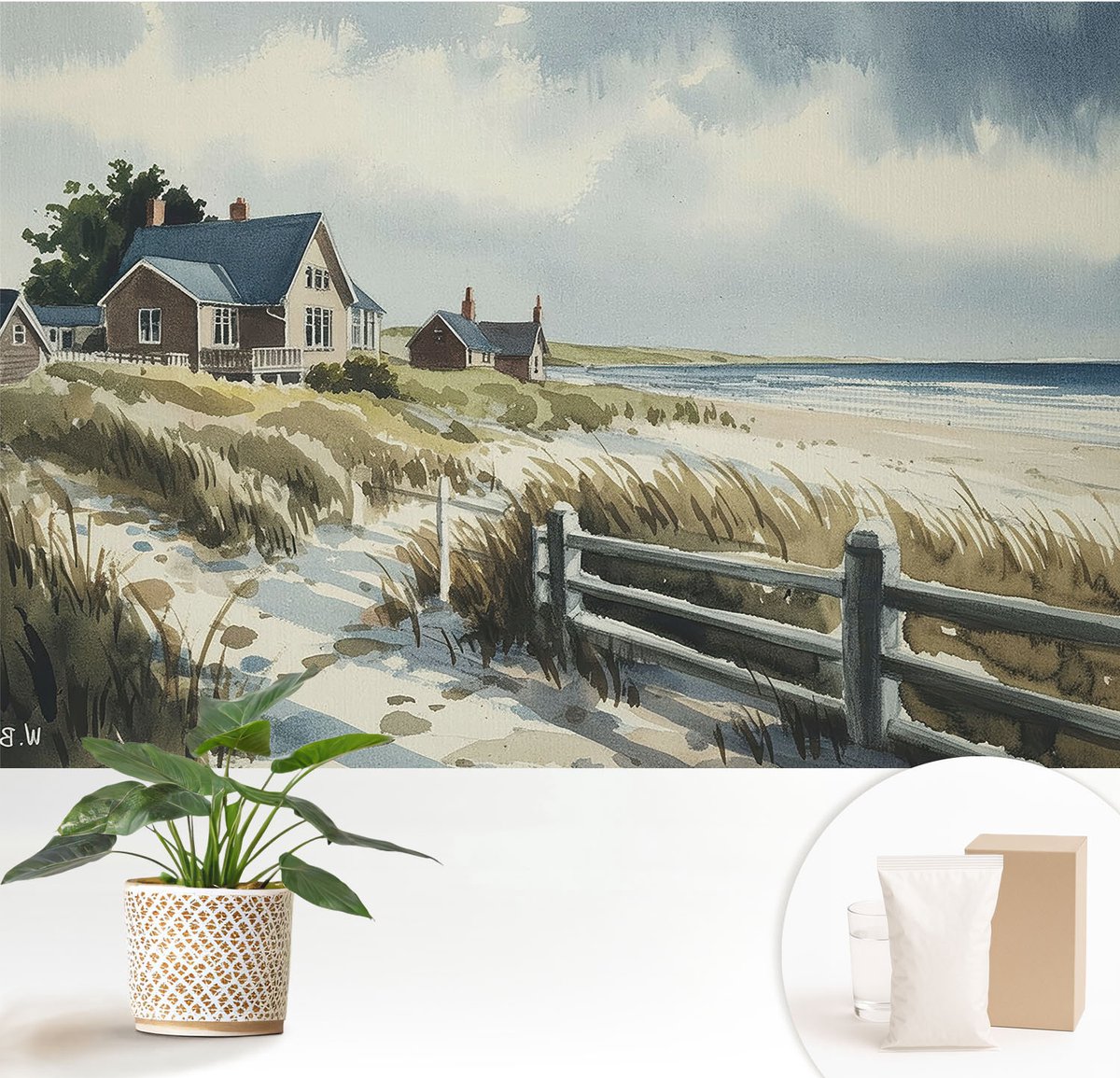 Wallfluent Fotobehang - Wit Vliesbehang - 152x104 cm - Strandduinen Muurschildering - Gang behang Landschappen - Fotobehang Vlies - Slaapkamer behang