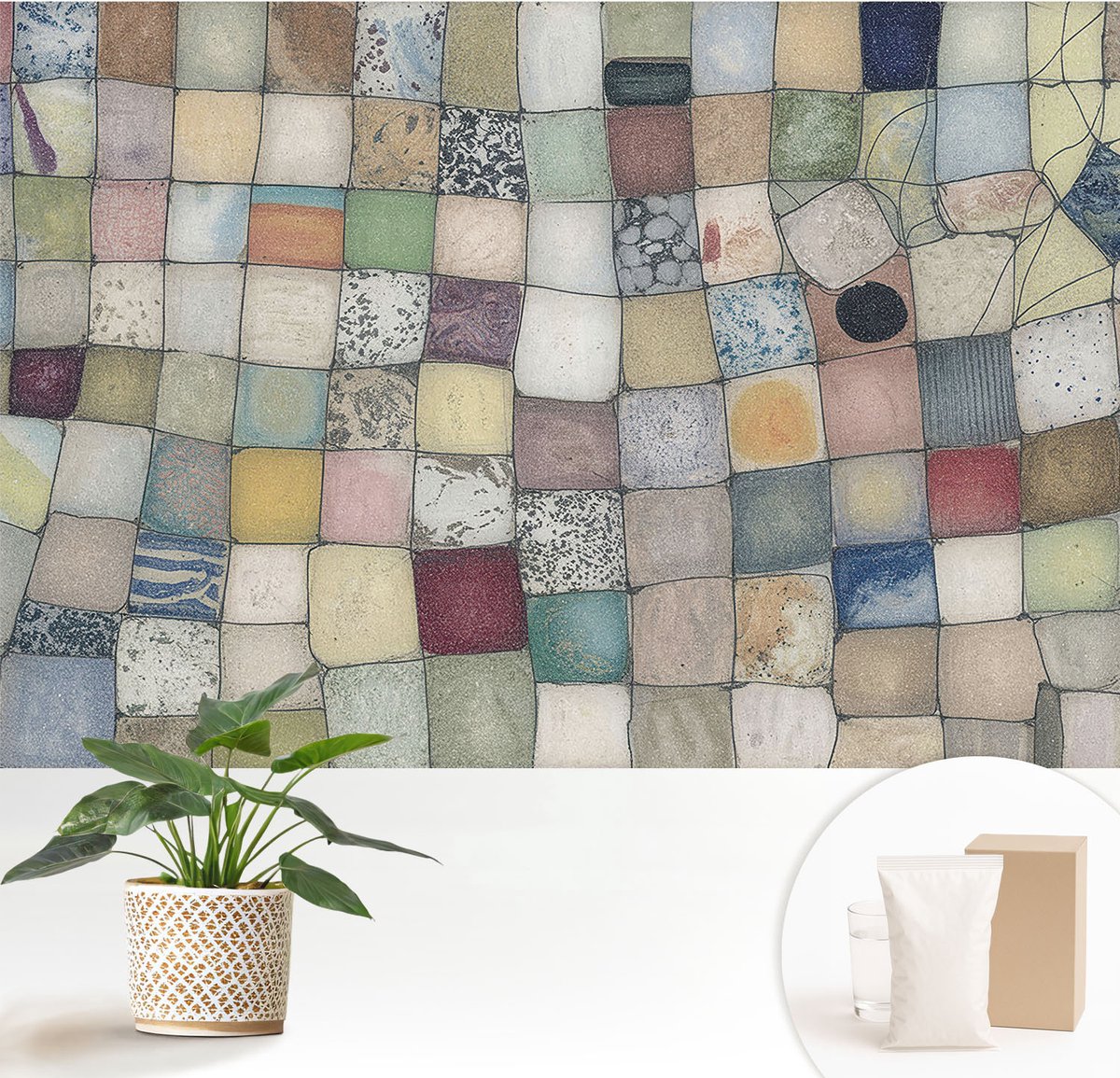 Wallfluent Fotobehang - Grijs Vliesbehang - 152x104 cm - Kleurrijk Mozaïek Muurschildering - Gang behang Achtergronden En Patronen - Fotobehang Vlies - Gang behang