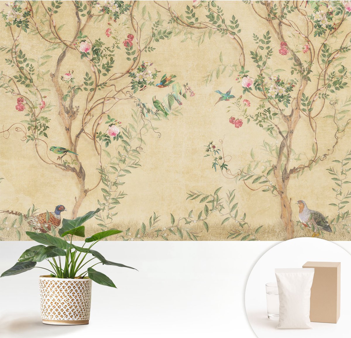 Wallfluent Fotobehang - Beige Vliesbehang - 152x104 cm - Bloemaccenten Muurschildering - Gang behang Bloemen En Planten - Fotobehang Vlies - Gang behang