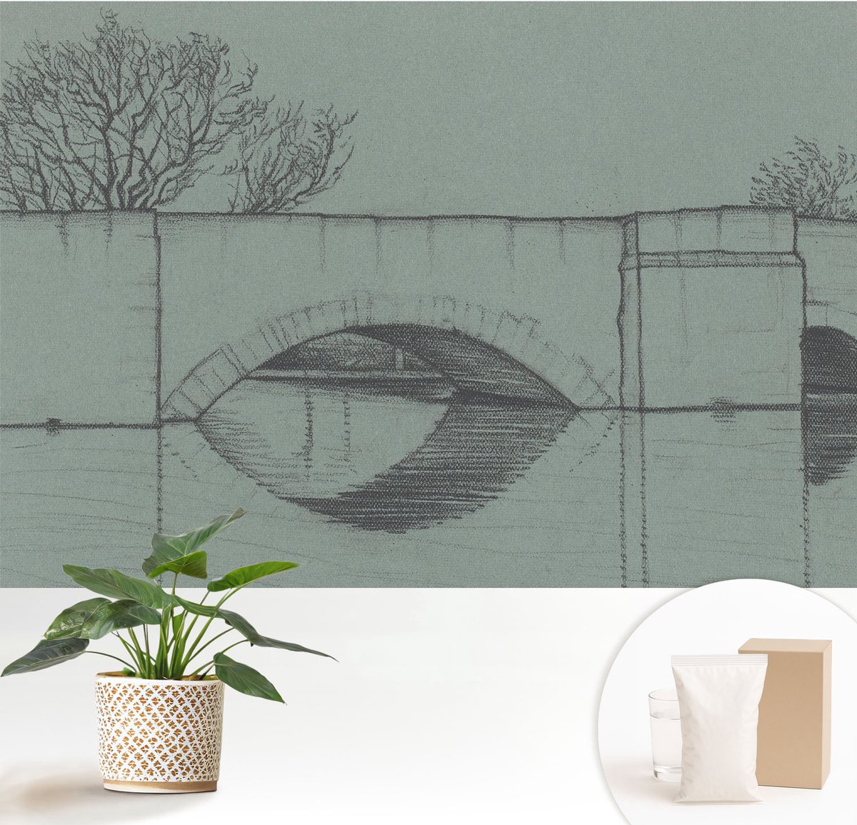 Wallfluent Fotobehang - Grijs Vliesbehang - 152x104 cm - Boogbrug Fotobehang Vlies - Woonkamer behang Architectuur - Muurschildering - Woonkamer behang