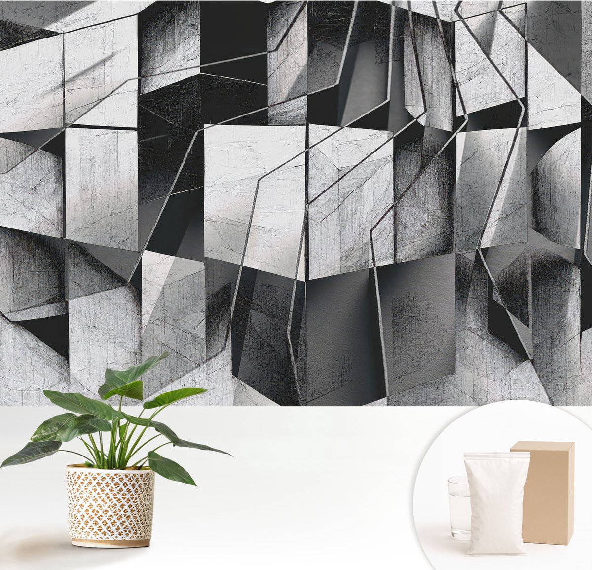 Wallfluent Fotobehang - Zwart-Wit Vliesbehang - 152x104 cm - Geometrische Abstractie Fotobehang Vlies - Woonkamer behang Geometrie - Muurschildering - Woonkamer behang
