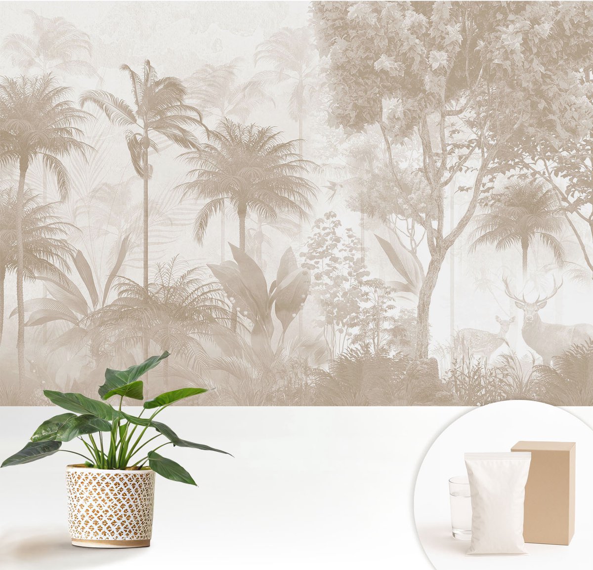 Wallfluent Fotobehang - Beige Vliesbehang - 152x104 cm - Tropisch Landschap Fotobehang Vlies - Hal behang Bloemen En Planten - Muurschildering - Woonkamer behang