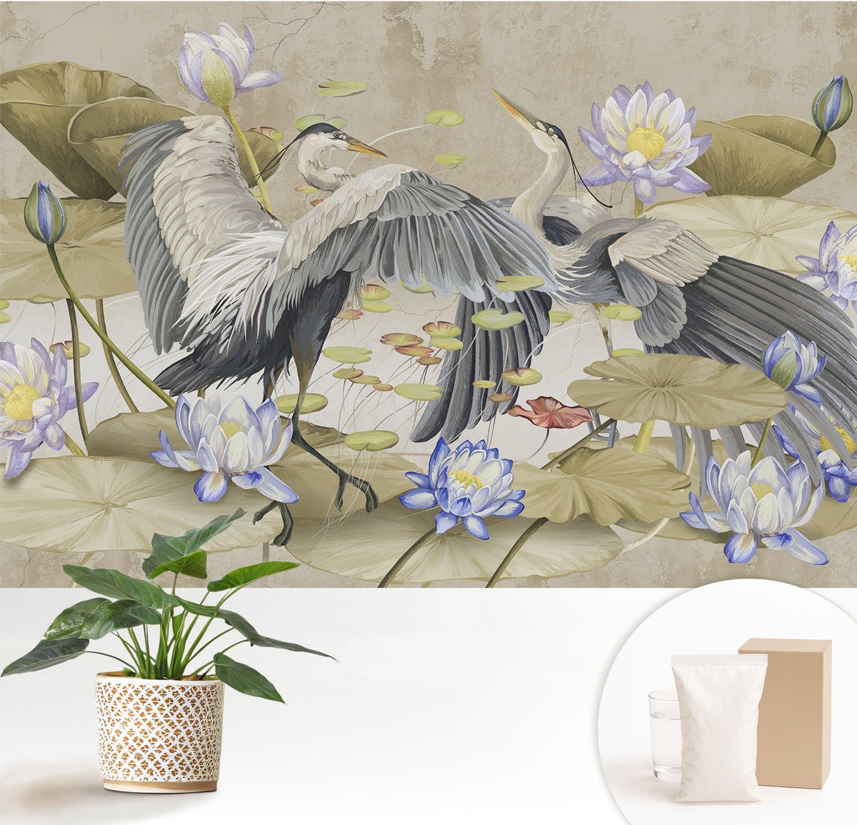 Wallfluent Fotobehang - Beige Vliesbehang - 152x104 cm - Vogels En Lelies Fotobehang Vlies - Woonkamer behang Dieren - Muurschildering - Hal behang