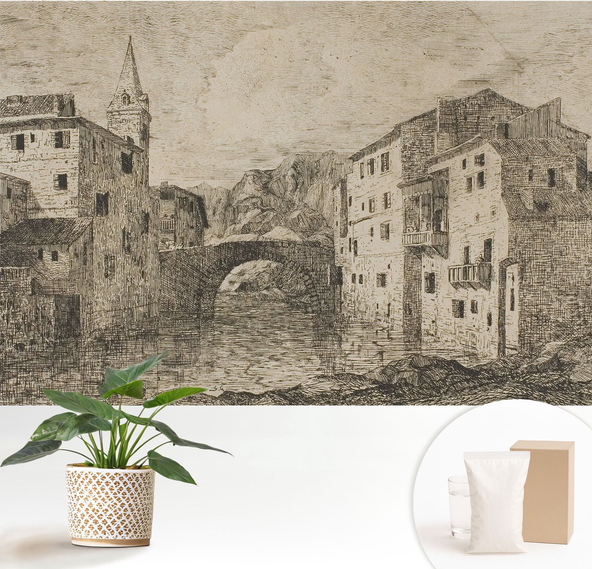 Wallfluent Fotobehang - Grijs Vliesbehang - 152x104 cm - Stadspanorama Fotobehang Vlies - Hal behang Architectuur - Muurschildering - Woonkamer behang