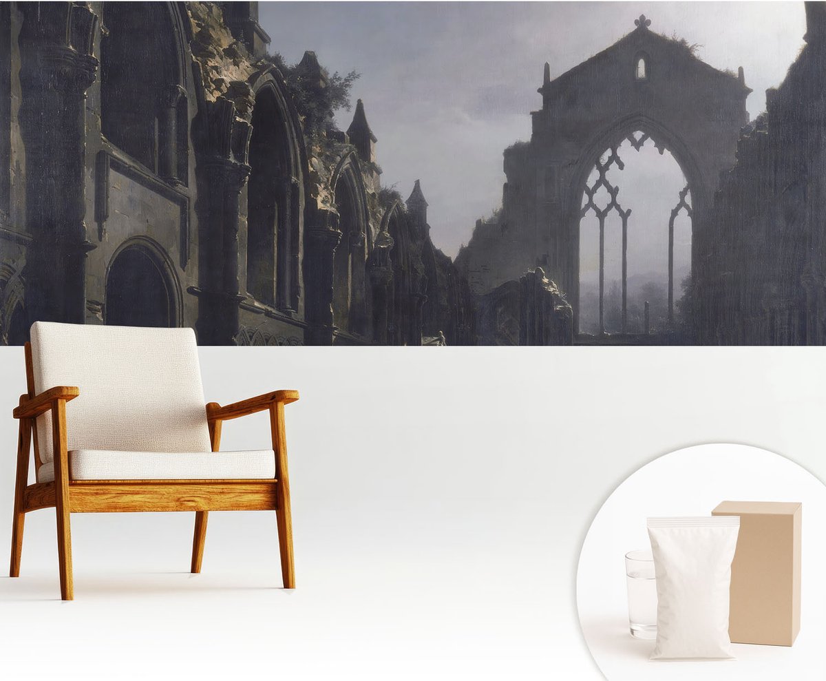 Wallfluent Fotobehang - Grijs Vliesbehang - 250x104 cm - Gotische Ruïnes Muurschildering - Slaapkamer behang Architectuur - Fotobehang Vlies - Gang behang