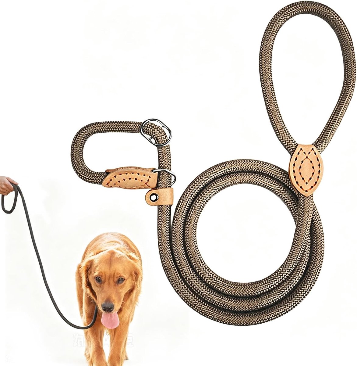 Hondenriem met Touw - Kaki - 1,8 m - Slip Lead met Geïntegreerde Halsband - Voor Wandelen, Joggen en Training
