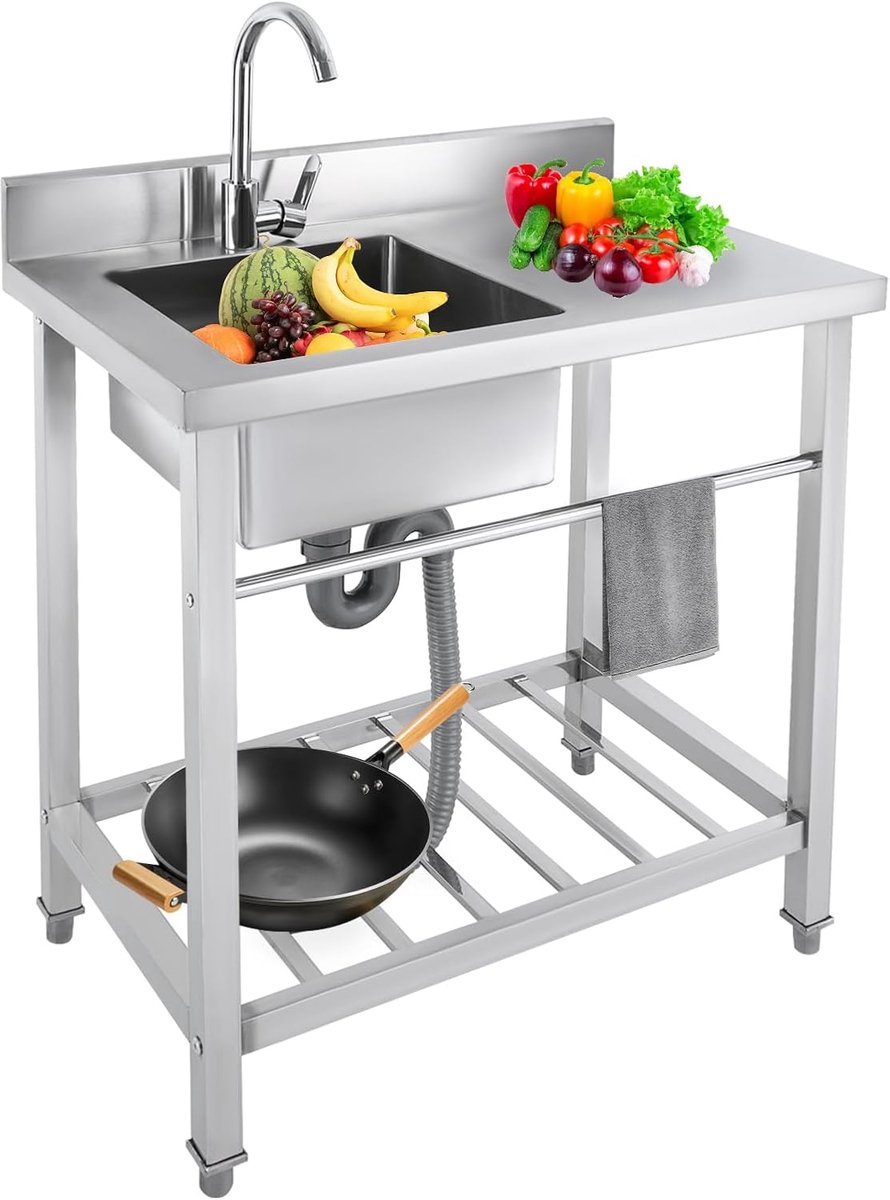 Keukenspoelbak, roestvrij staal multifunctionele spoelbak voor restaurant, garage of bijkeuken, met werkblad, 80 x 55 x 84 cm
