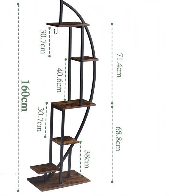 Plantenstandaard met groeilicht voor binnen en buiten, 160 cm, 6 niveaus, bloemenstandaard voor binnen, van hout en metaal, plantenrek met licht voor terras, tuin, balkon, hoek, woonkamer — afbeelding 4