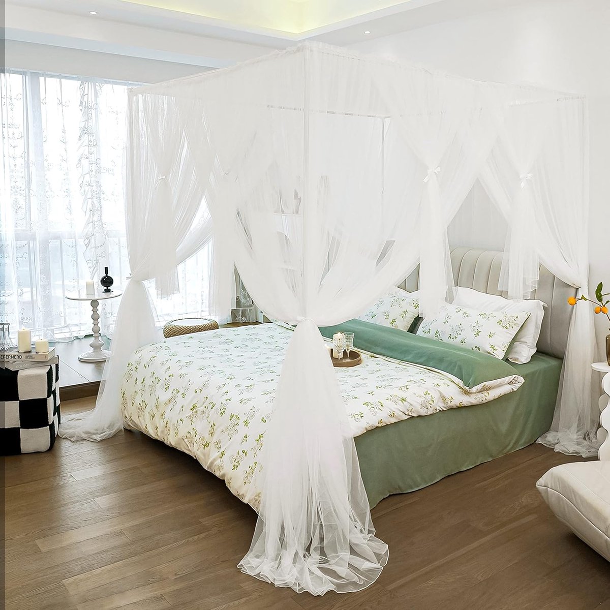 Bedgordijnen - 4 hoeken paalbed luifelgordijnen voor meisjes en volwassenen, bed prinses bed luifel klamboe slaapkamer decoratie accessoires - wit, volledige grootte/queensize