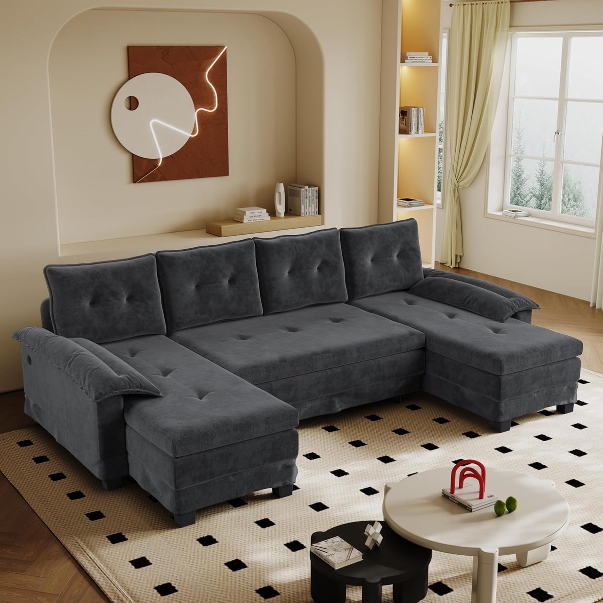 Bank met bedfunctie, uittrekbare slaapbank met U-S-B-oplaadaansluiting, modulair woonlandschap van chenille, bank met 4 kussens voor woonkamer en appartement, grijs (grijs, 5-zits)