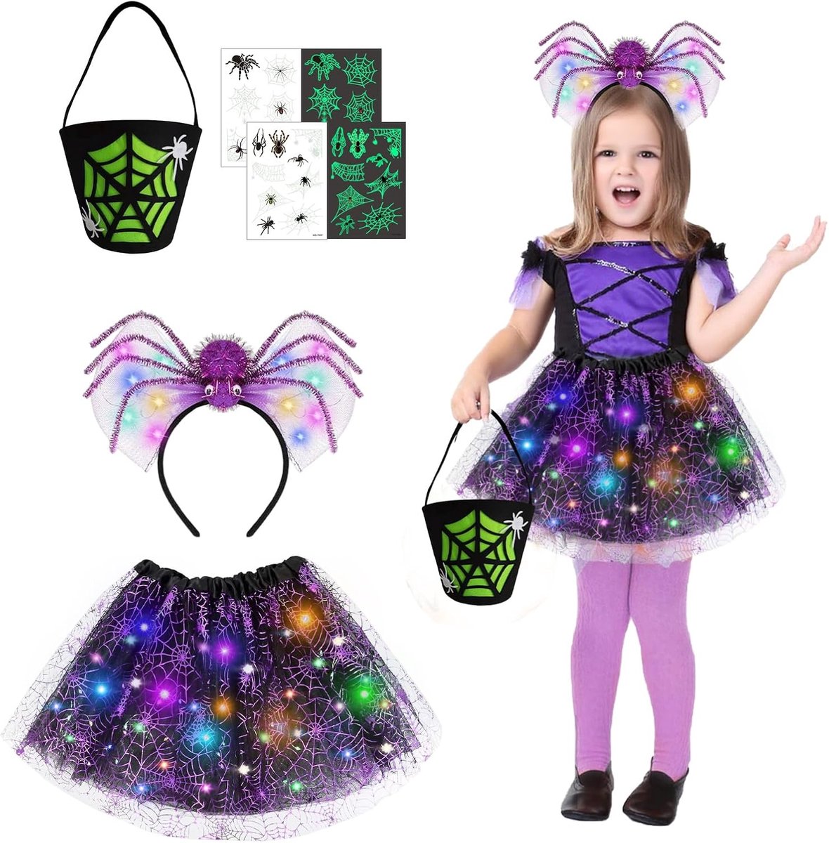 Spin voor kinderen, meisjes, met verlichting, heksenkostuum voor kinderen, met led-hoofdtooi, tule rok en draagtas voor Halloween, cosplay, party, carnaval, maskerade