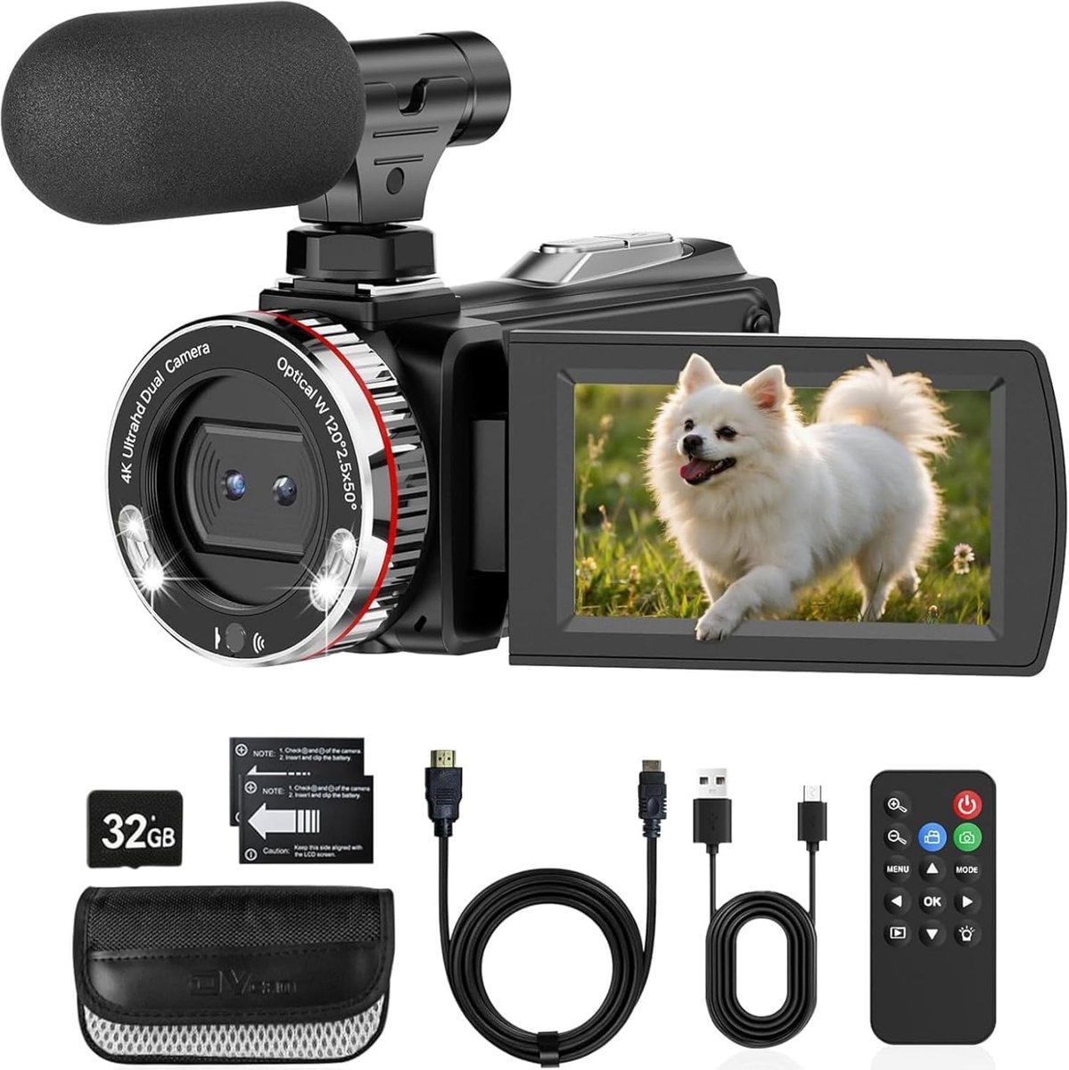 4K Camcorder 48 MP, 21x Digitale Zoom, 3" 270° Draaibaar Scherm, Vlogcamera voor YouTube, Video Camera met HDMI-kabel, Externe Microfoon, Afstandsbediening, 32 GB-kaart, 2 Batterijen