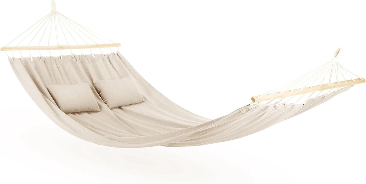Hangmat 200 x 150, tot 200 kg, outdoor dubbele hangmat voor 1-2 personen, van katoen met kussen voor tuin, balkon, terras, ademende hangmat voor kinderen en volwassenen, grijs