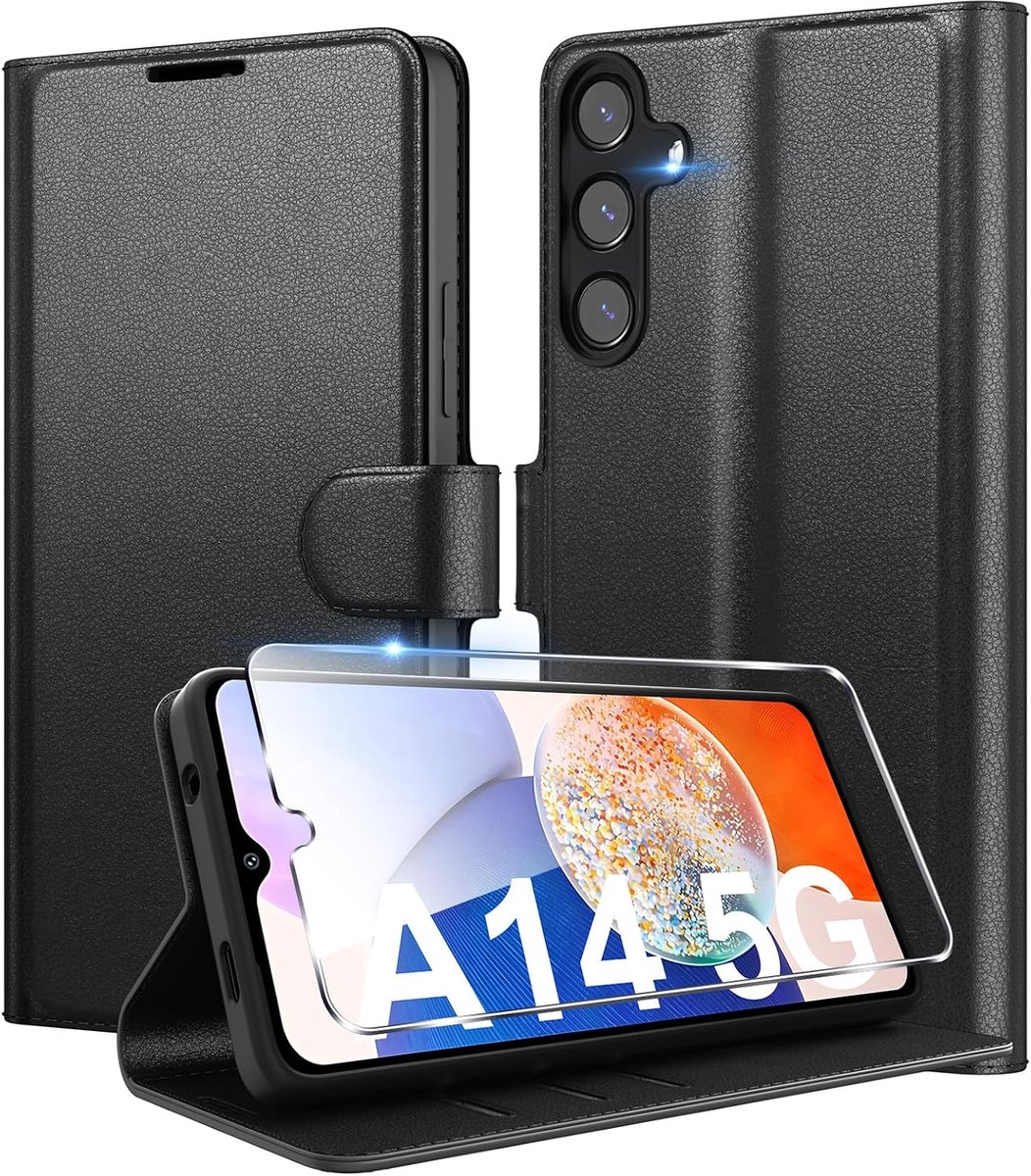 Telefoonhoesje voor Samsung Galaxy A14 5G, premium PU-lederen portemonnee, kaartenvak, standfunctie, beschermhoes, stootvaste klaphoes, flip case met 1 stuks pantserbescherming, glas, zwart
