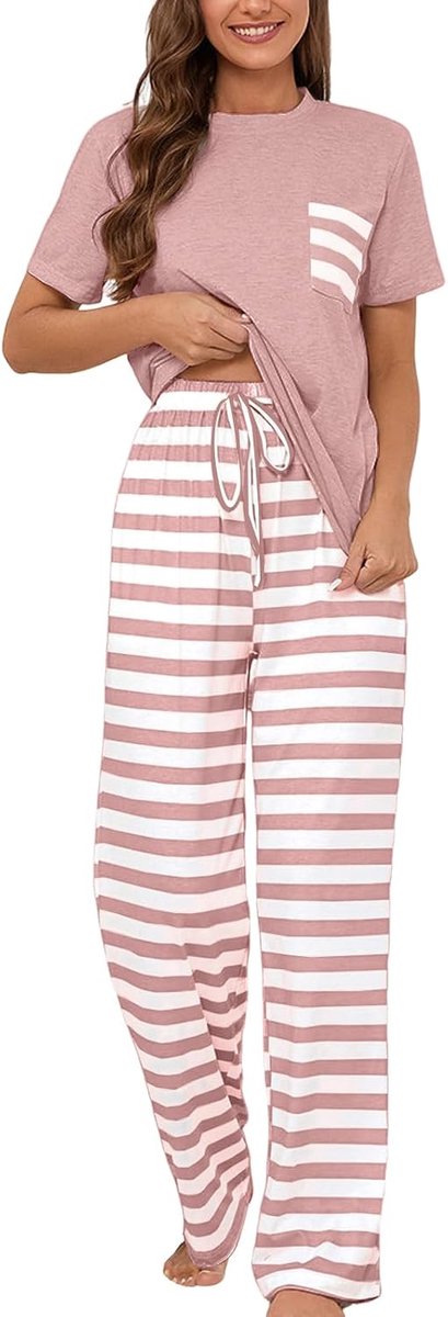 Pyjama dames katoen pyjama herfst lente nachtkleding lange mouwen slaapshirt gestreepte broek huispak met zakken