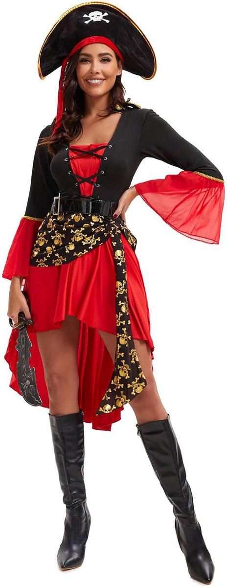 Piratenkostuum voor dames, piratenkostuum met jurk, piratenhoofddoek, riem voor Halloween, carnaval, cosplay